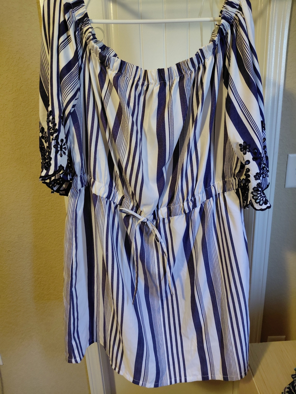 Amazon White and Navy Striped Off-Shoulder Mini Dress